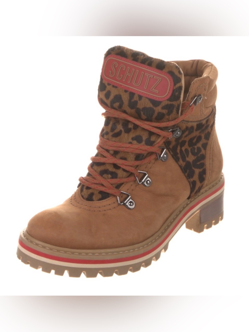 Schutz Suede Women's Animal Print Tan Leather Leopard-Accent Hiking Combat Boots